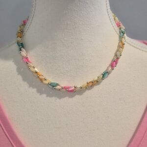 Vintage Triple Strand Pastel Lucite Bead Necklace 16" Pink Yellow Blue Choker